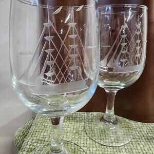 Set of 3 Etched Sailing Ship Wine Glasses Nautical Coastal Glassware